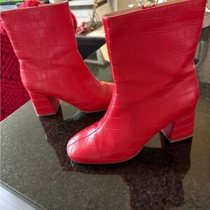 Red Croc-Embossed Ankle Boots